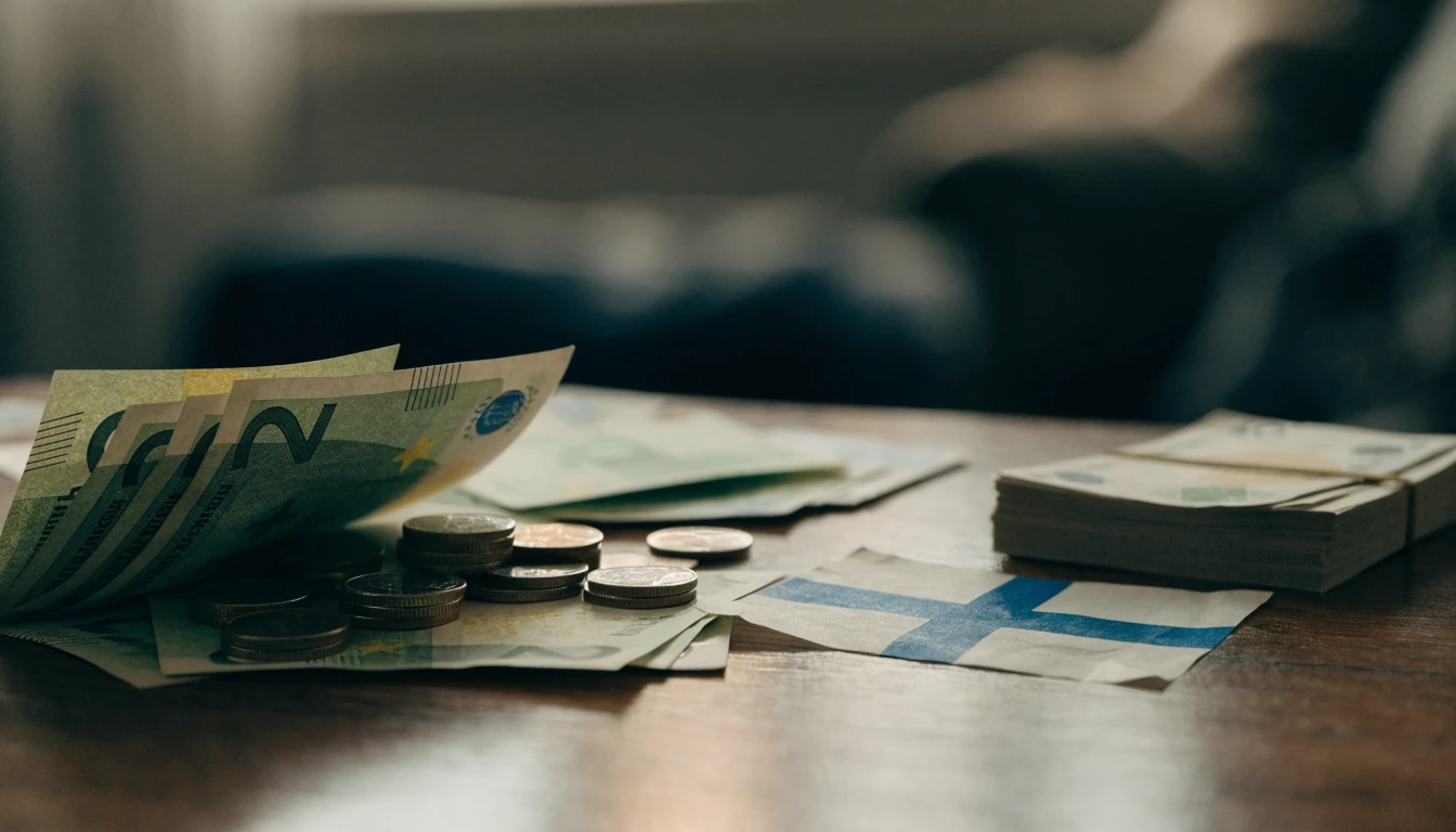 Euro- och kronorsedlar på ett bord med en svensk flagga