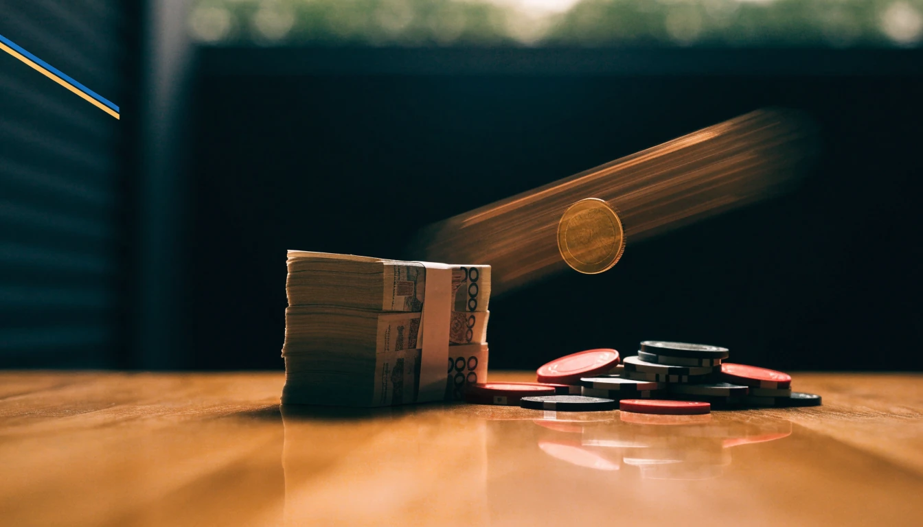 Svensk 200-kronorssedel med casinomarker på ett mörkt bord