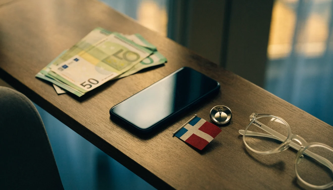 Euro-sedlar och en smartphone med svensk flagga på ett bord