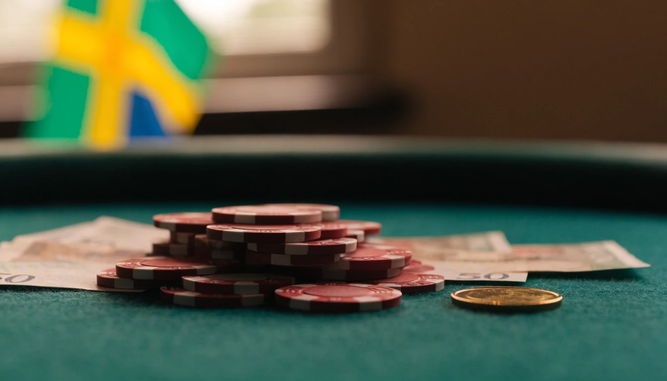Svenska casinomarker och en 50-kronorssedel på filtduk
