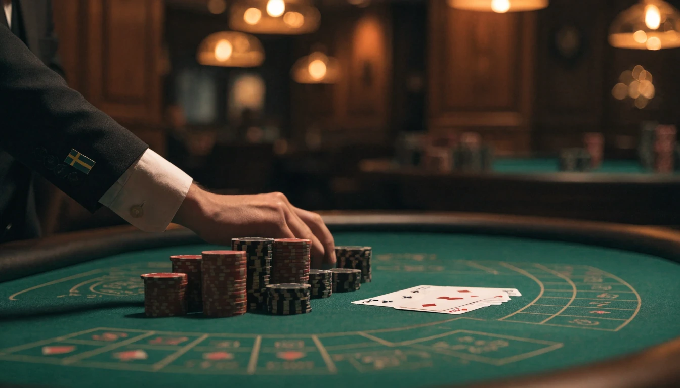 Elegant blackjackbord med marker och kort på ett svenskt casino
