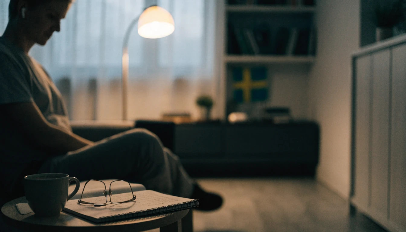 Person som lugnt utvärderar nätcasinon i ett svenskt vardagsrum