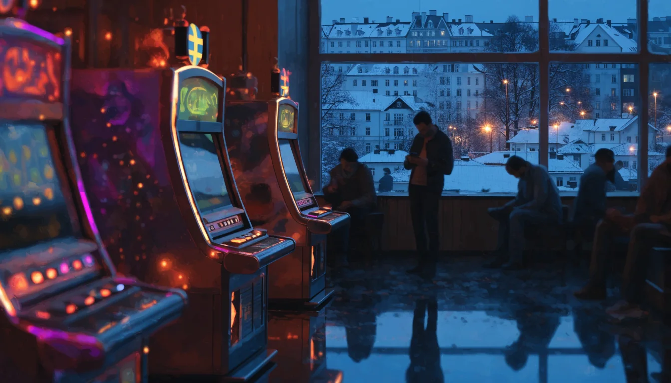 Stilren svart casinomiljö med blinkande spelautomater och snötäckt Stockholm i bakgrunden