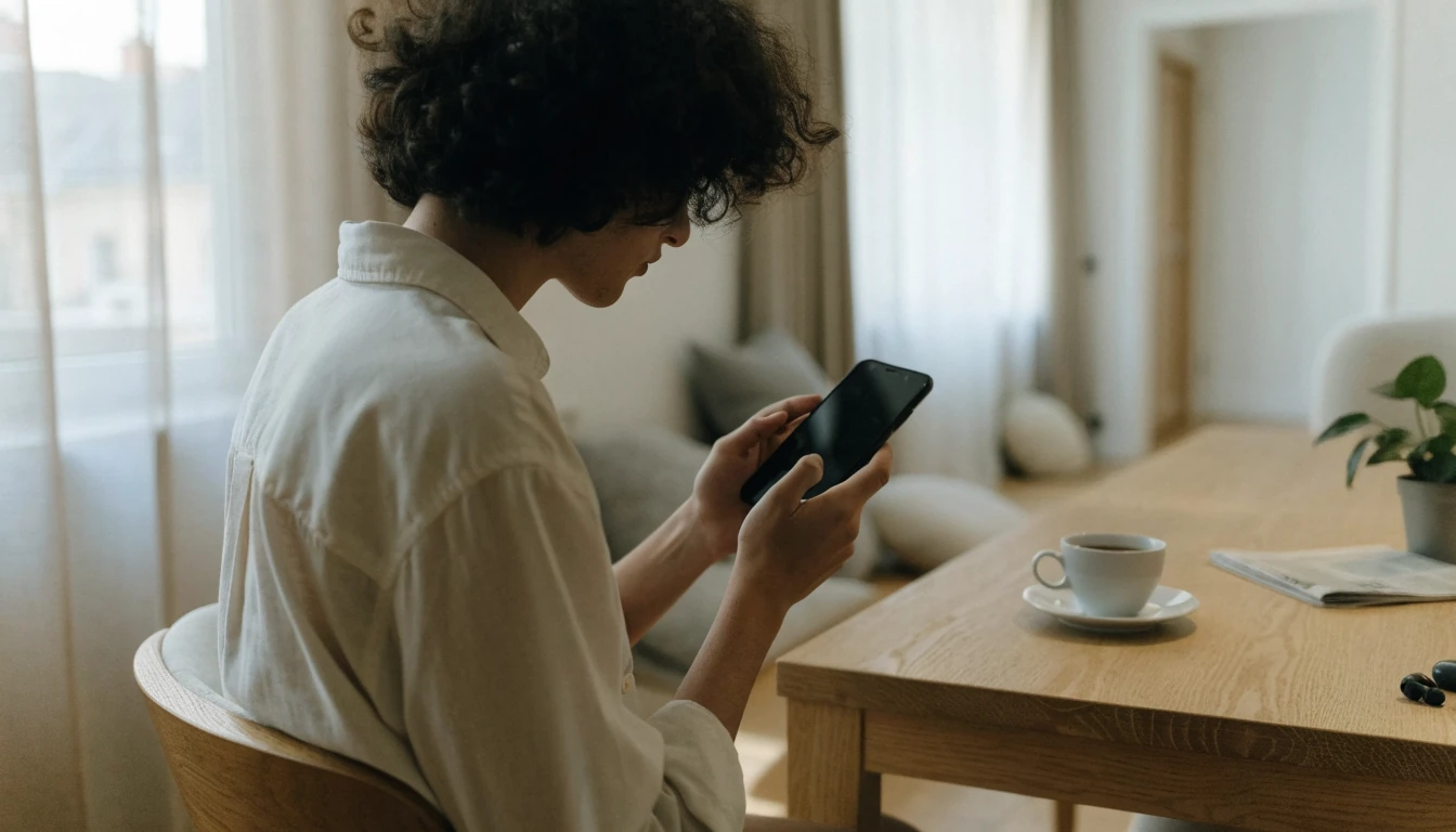 En person sitter vid ett minimalistiskt skandinaviskt bord och håller i en smartphone i ett ljust vardagsrum.