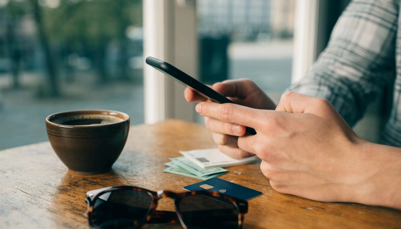 Händer med smartphone, svenska kronor och bankkort på ett kafé