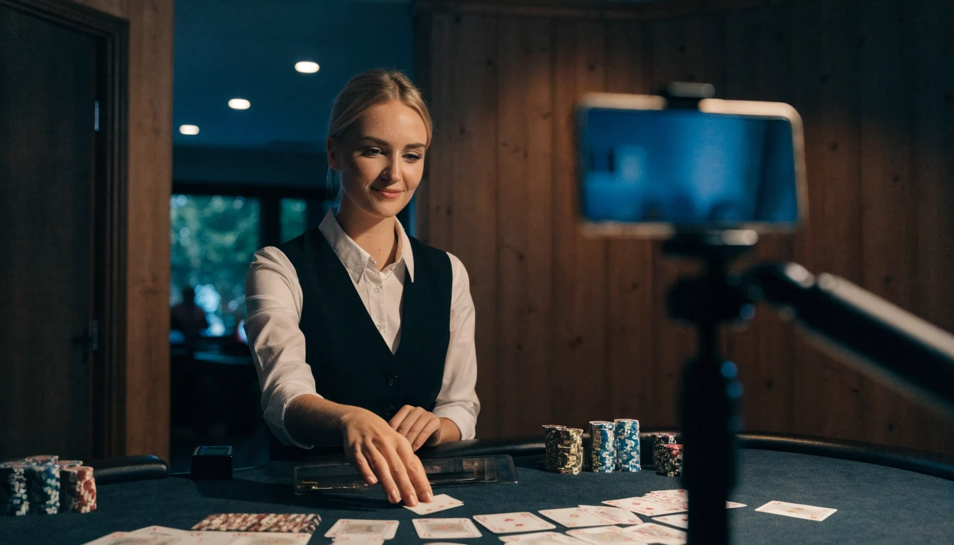 Live blackjack-dealer vid bordet i modern studio, filmad med smartphone