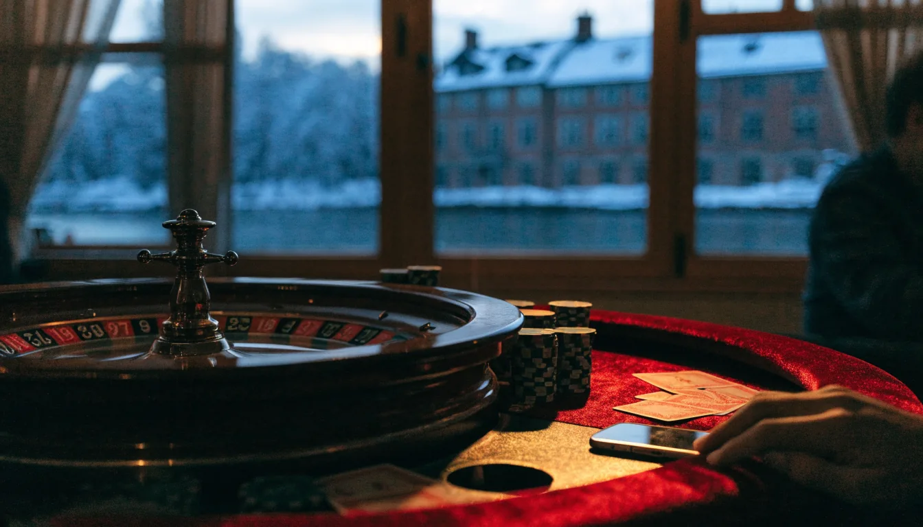 Casino-bord med marker, roulette och kort i ett mysigt svenskt rum