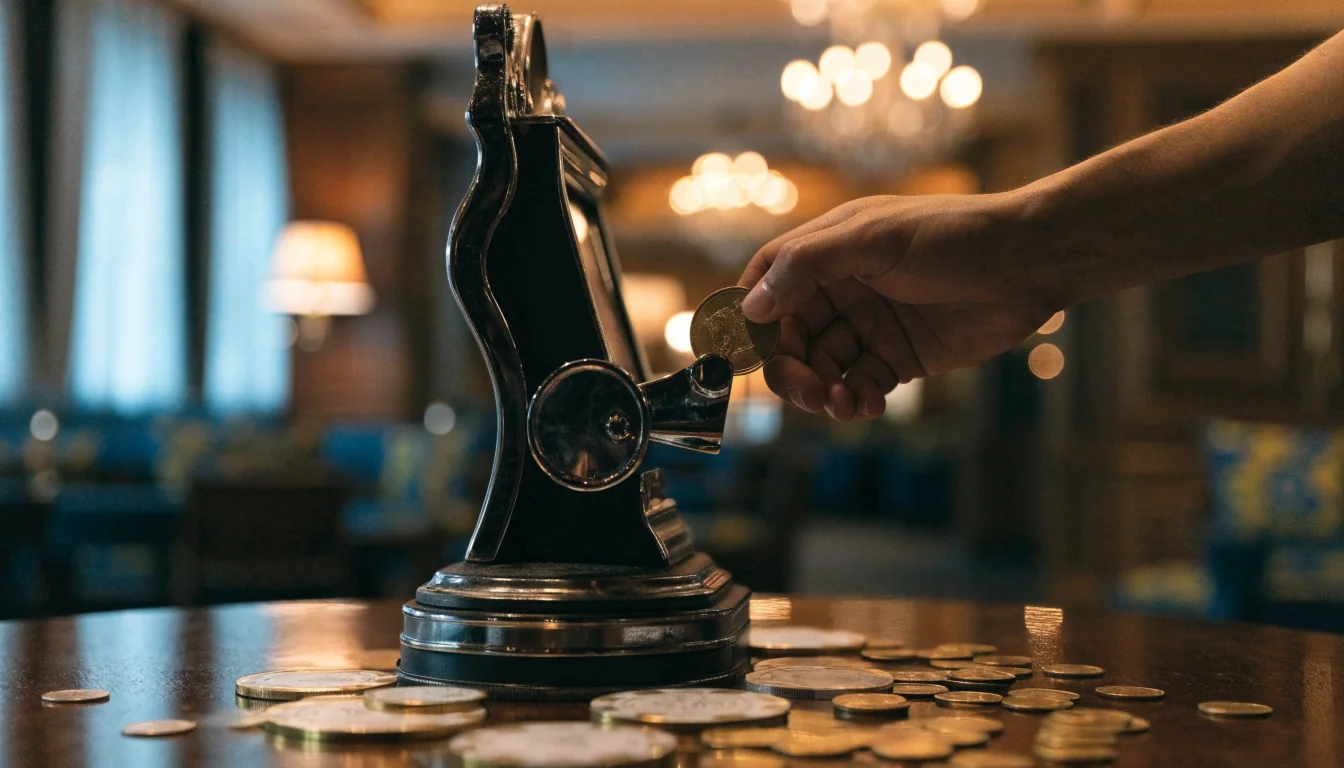 Elegant slotmaskin i skandinavisk casinomiljö med mynt och marker