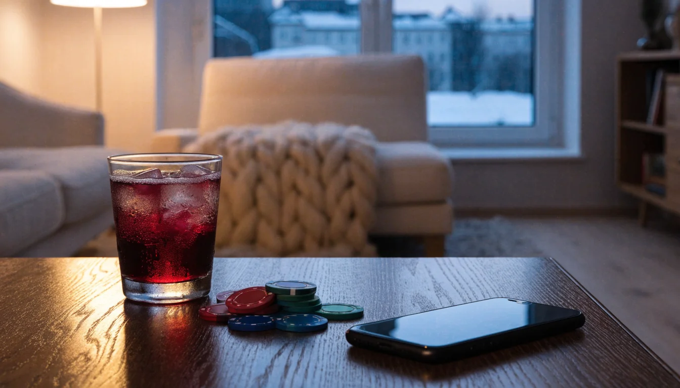 Casino-chips och modern telefon på ett svenskt vardagsrumsbord i skymning.