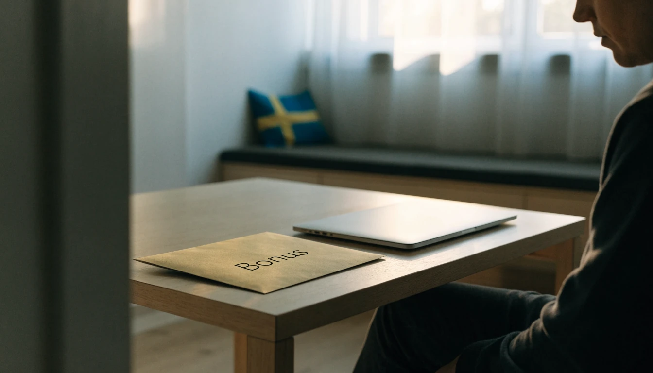 Skandinaviskt vardagsrum med en person vid ett bord och ett stängt bonuskuvert