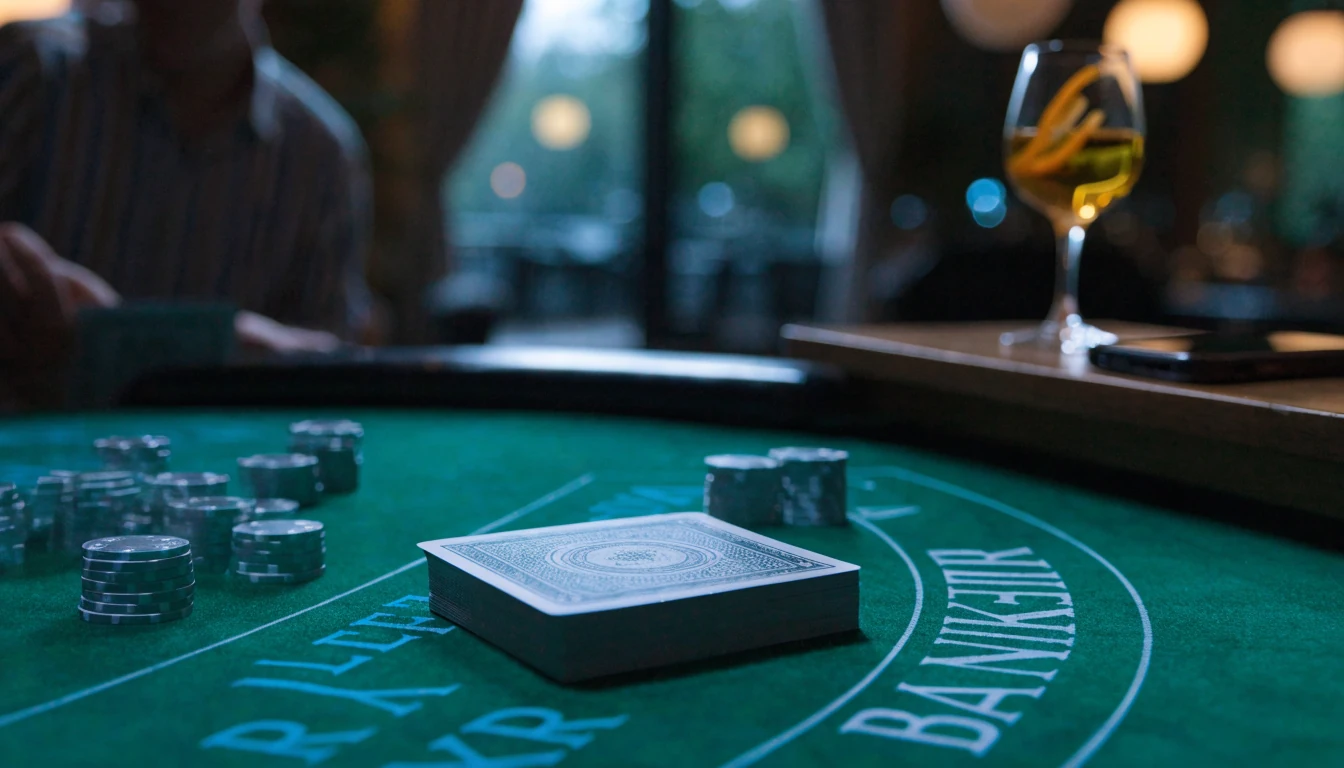 Elegant baccarat-bord med marker och kort i svensk casinostil