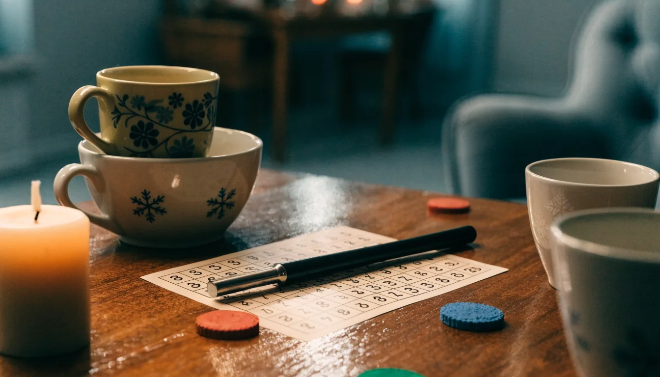 Bingobricka med markör på ett träbord i svensk hemmiljö
