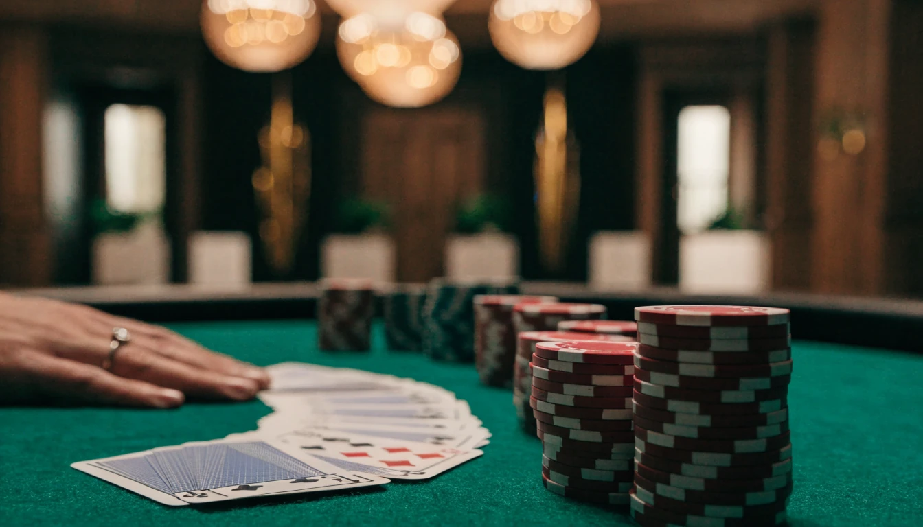 Elegant blackjackbord med marker och kort i en nordisk casinomiljö