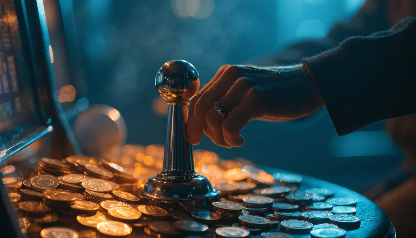 Gyllene mynt och snurrtokens runt en spelautomat i dunkel belysning