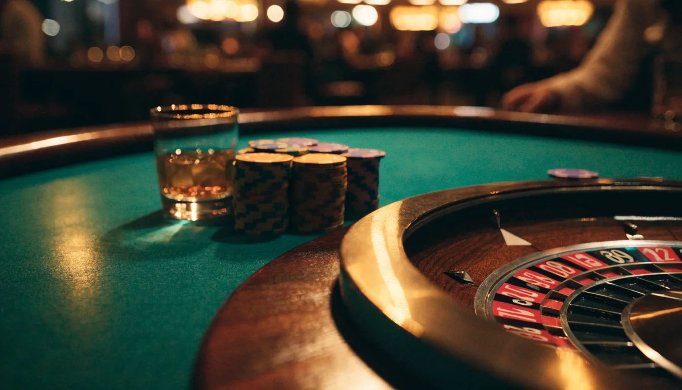 Elegant casinointeriör med roulettebord och insatsmarker i varm belysning