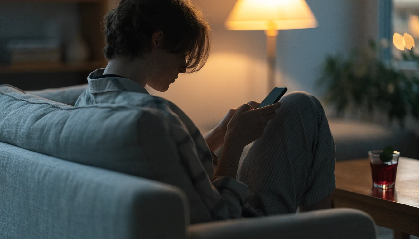 Person i mysig svensk vardagsrum med mobiltelefon i handen