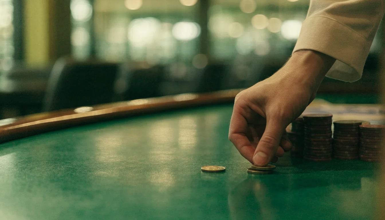 En hand som placerar ett mynt på ett casinobord med jetonger