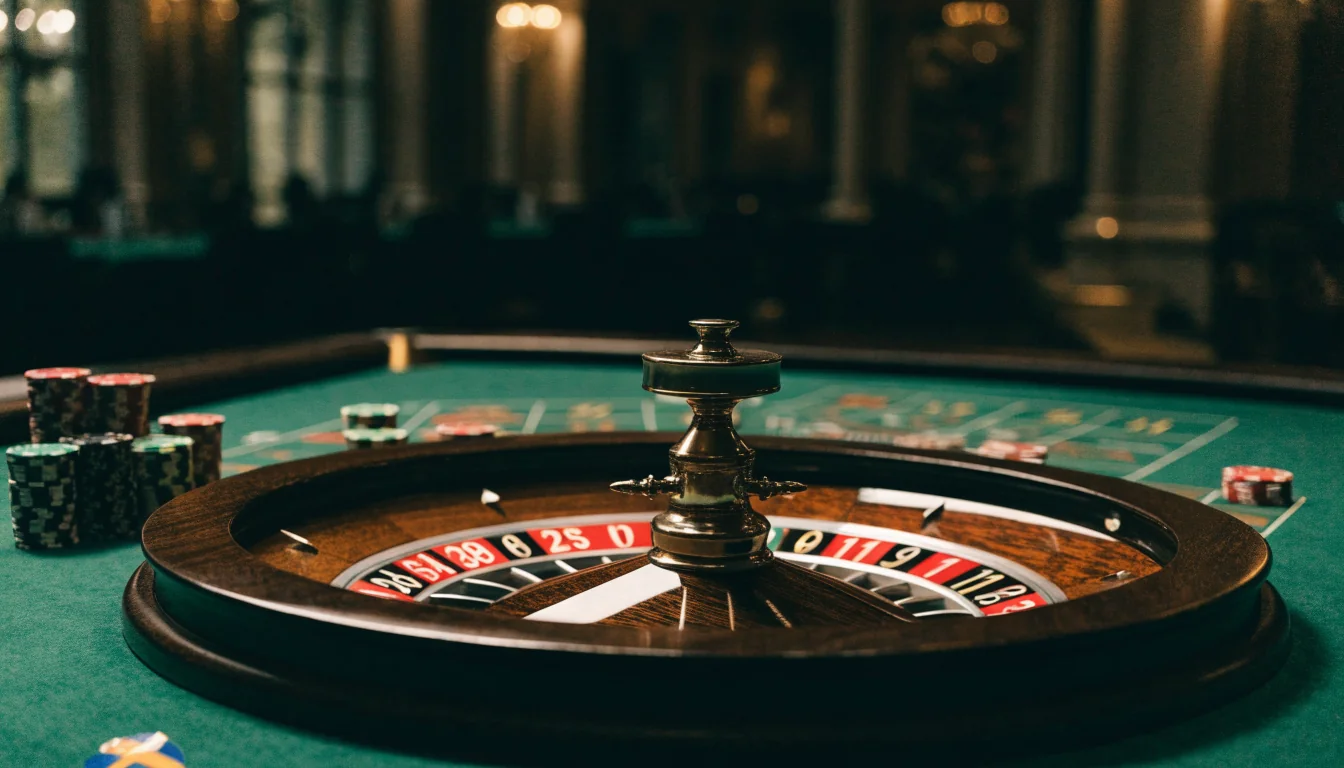 Roulettehjul med casinomarker på grönt bord