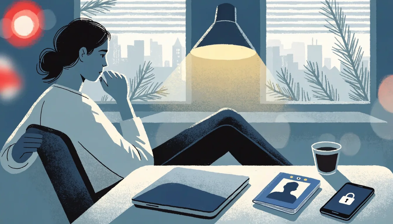 Illustration av en person vid skrivbord med stängt laptop och svensk identitetssymbolik