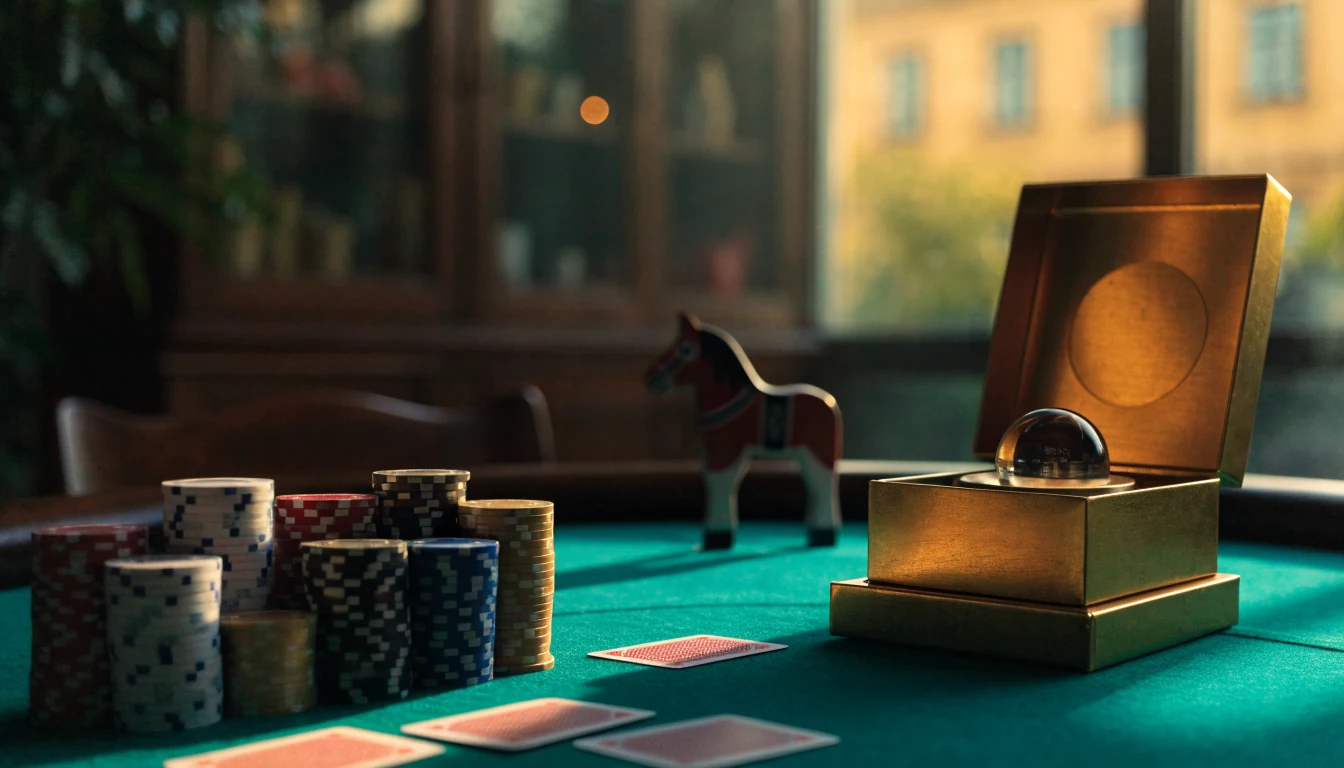 Elegant casino-bord med marker, kort och en välkomstgåva i blått och guld