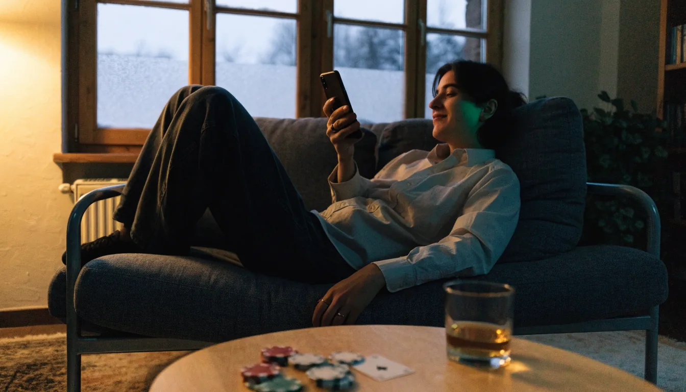 Avslappnad person i svenskt vardagsrum med smartphone och casinoklimpar