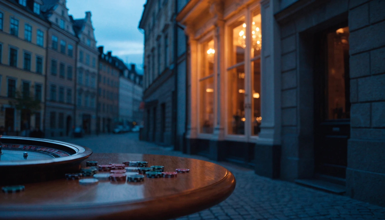 Casinomiljö med roulettehjul och marker i Stockholms kvällsljus