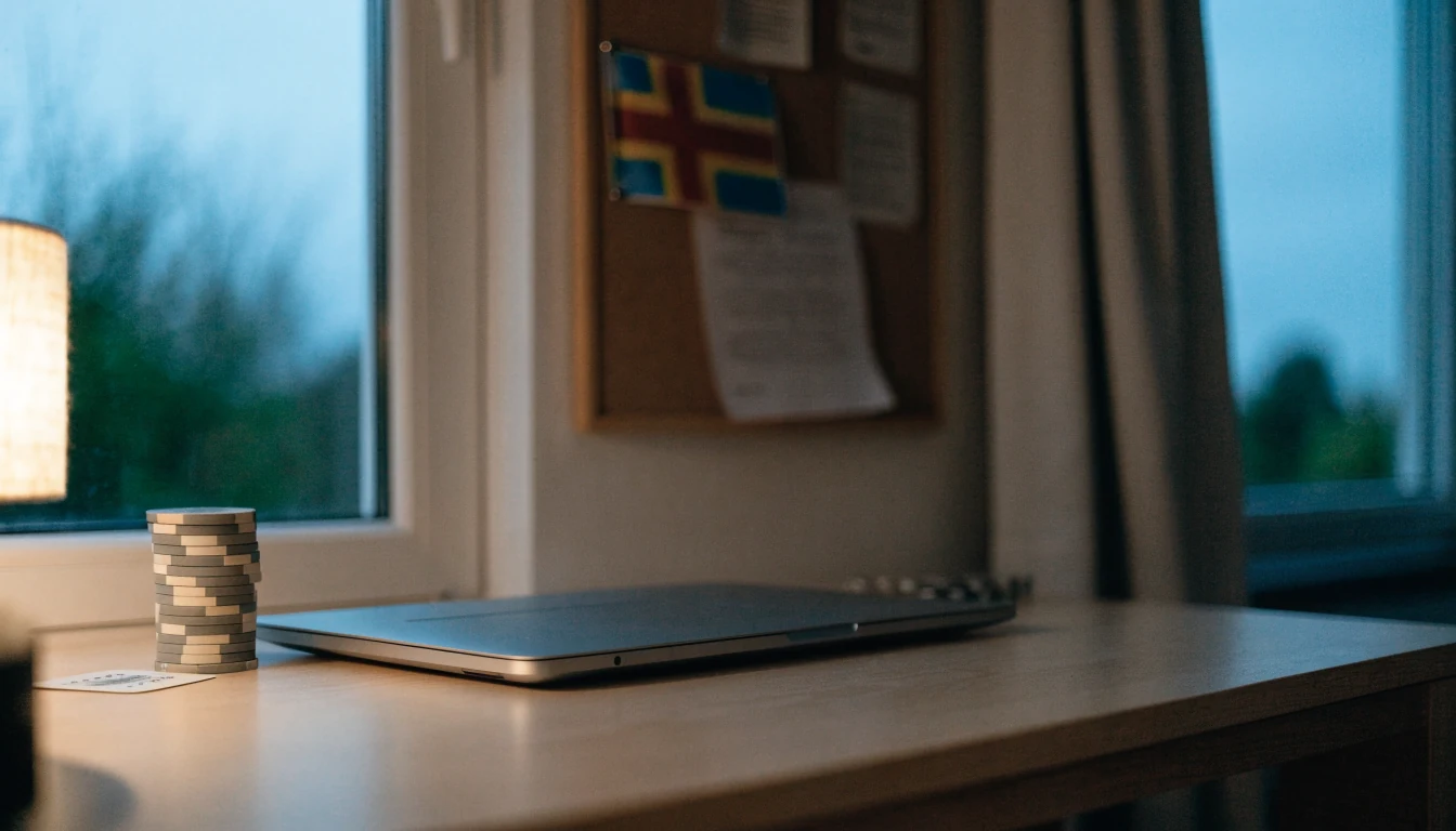 Stängd laptop på skrivbord med casinoföremål i ett modernt svenskt rum i skymningsljus