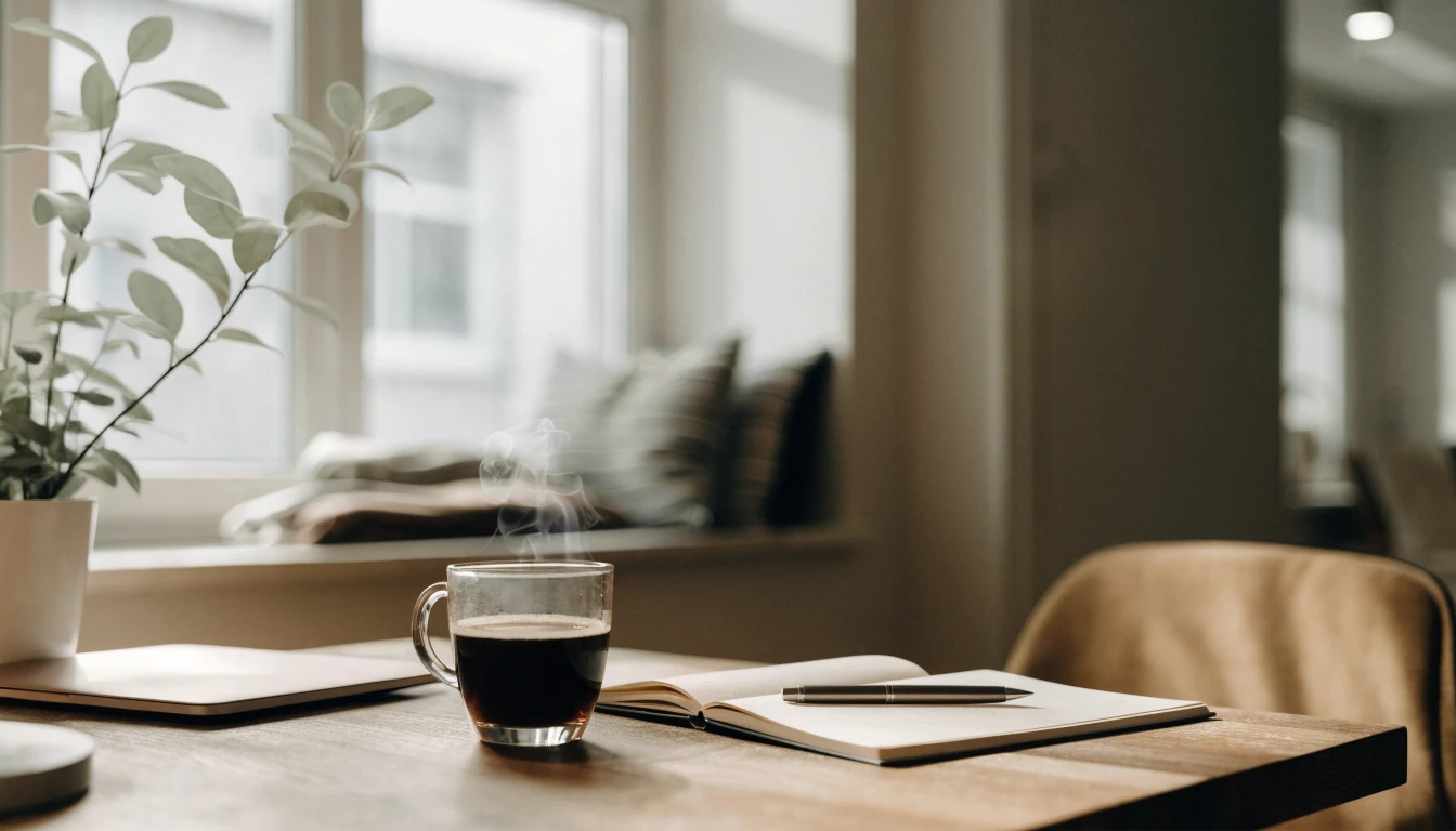 Ett inbjudande skrivbord med anteckningsbok och kaffe i ett ljust svenskt hemmakontor