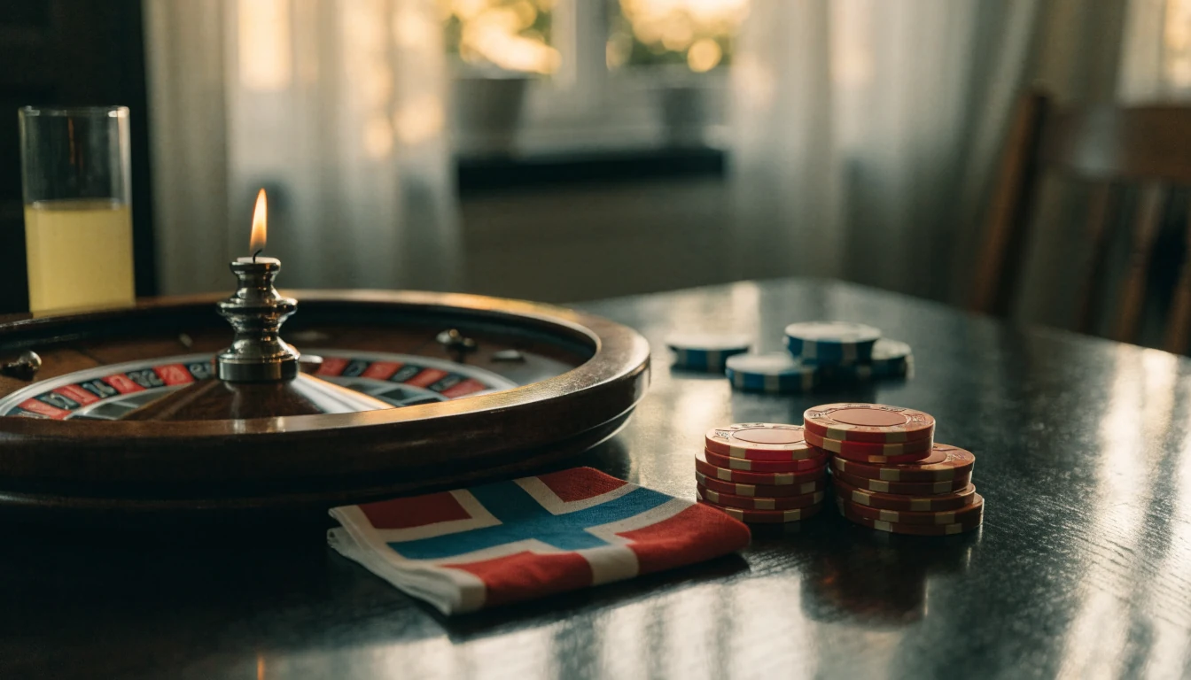 Rouletthjul, marker och glas på bord i svensk hemmiljö