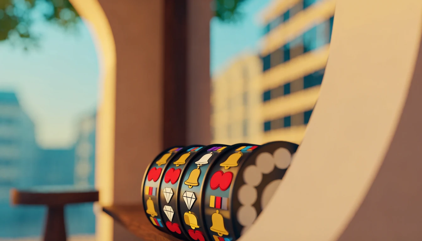 Färgglad illustration av spelautomat med tre hjul och symboler