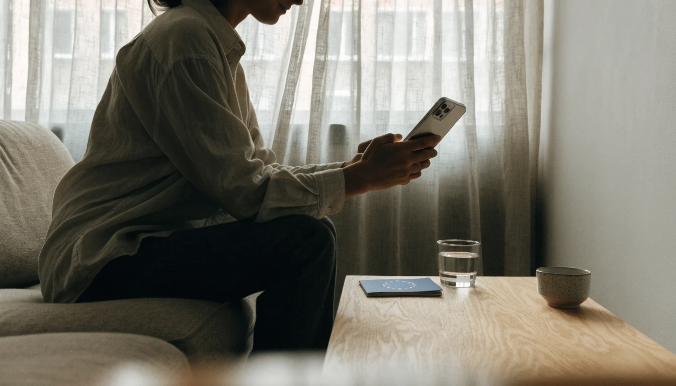 Person i modern svensk lägenhet som granskar telefon och dokument vid registrering