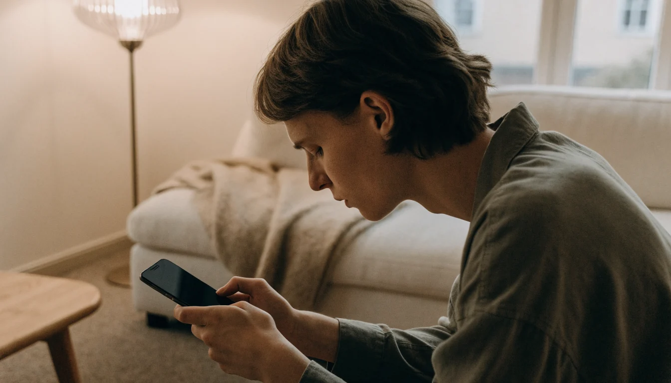 Person som betraktar sin mobiltelefon med varmt upplyst vardagsrum i bakgrunden
