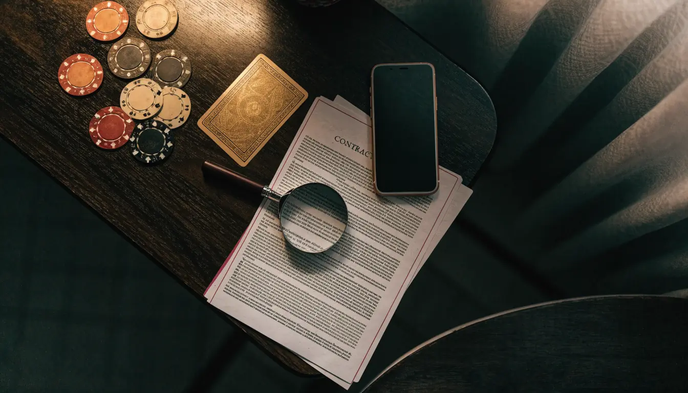 Casinochips, förstoringsglas och kontrakt med finstilt text på skrivet bord