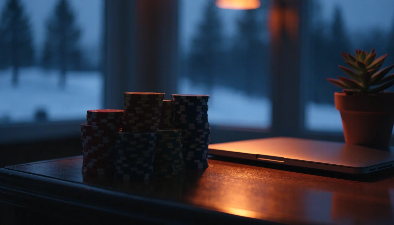 Casinokistor bredvid en stängd laptop i ett svenskt vardagsrum