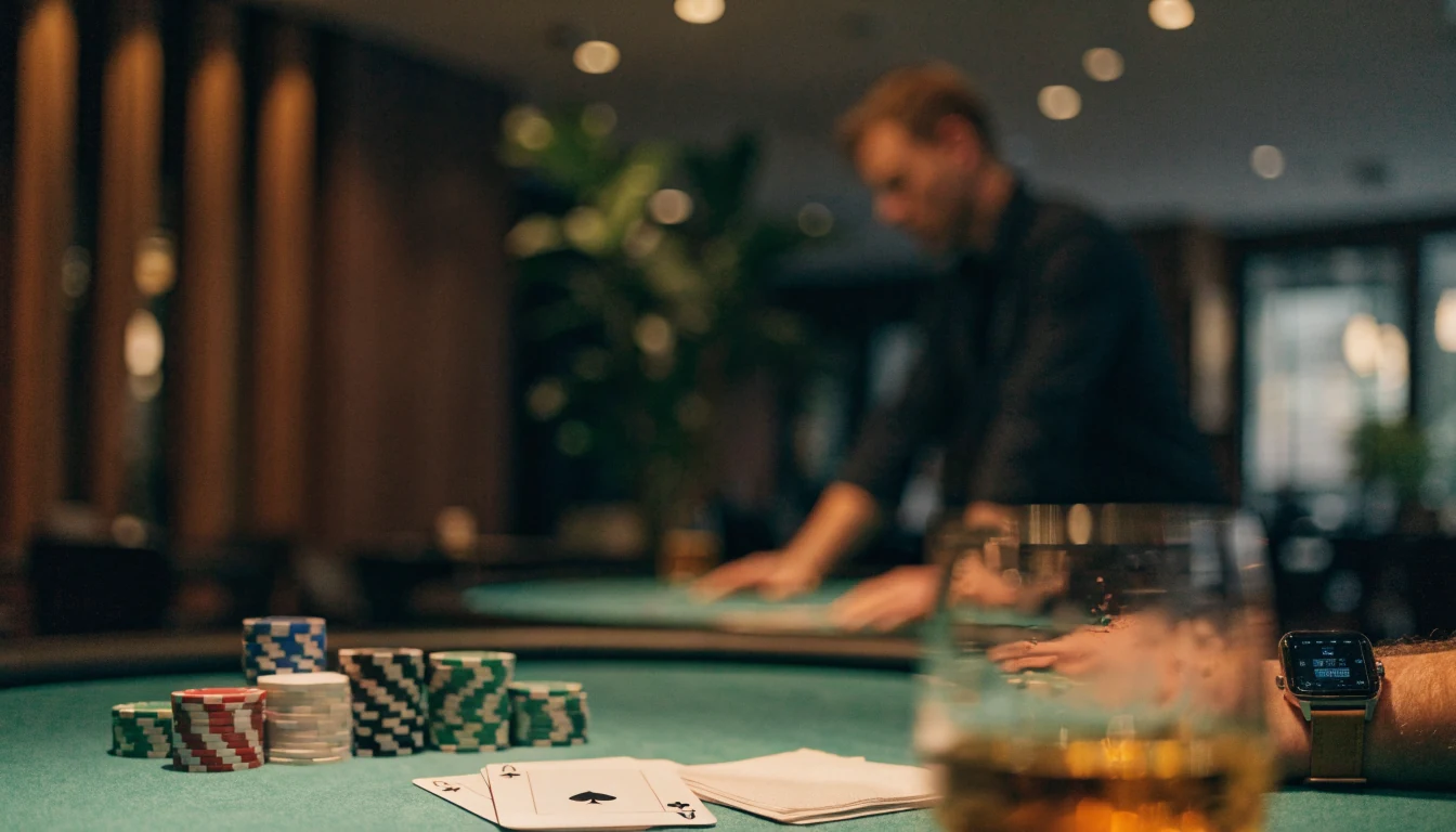 Svenskt casinobord med spelkort och marker i elegant interiör