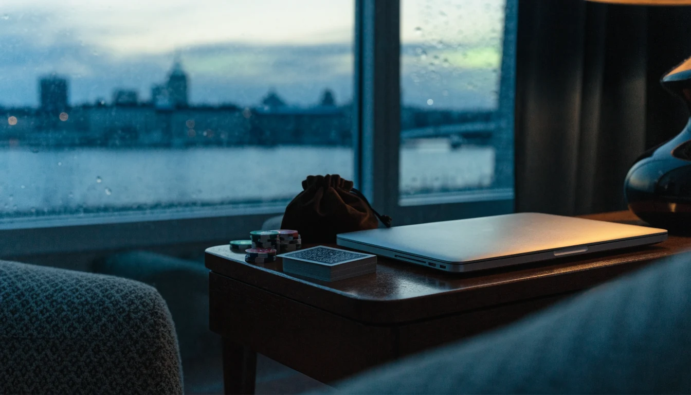 Stängt laptop och casinotillbehör i ett svenskt vardagsrum med utsikt över Stockholm i skymning.