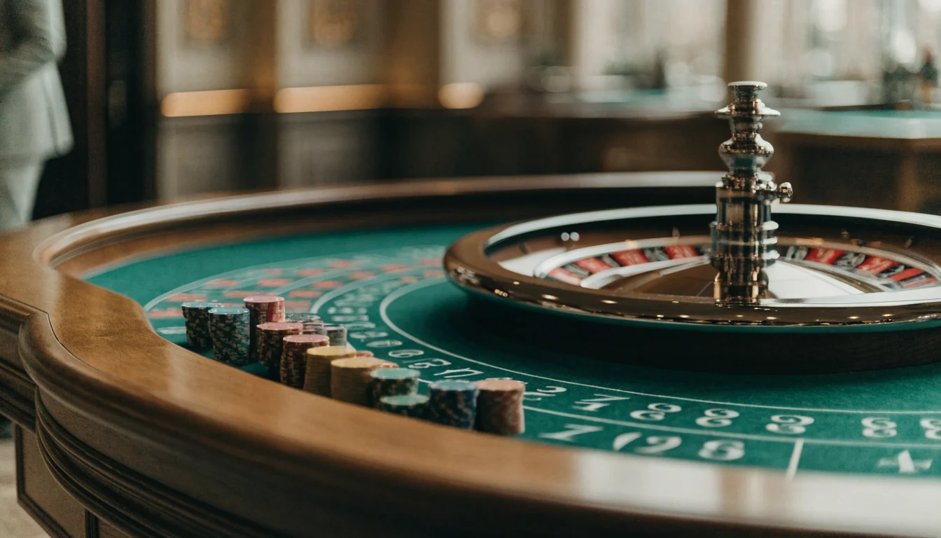 Professionellt roulettebord med snurrande hjul och färgglada casinomarker i elegant atmosfär