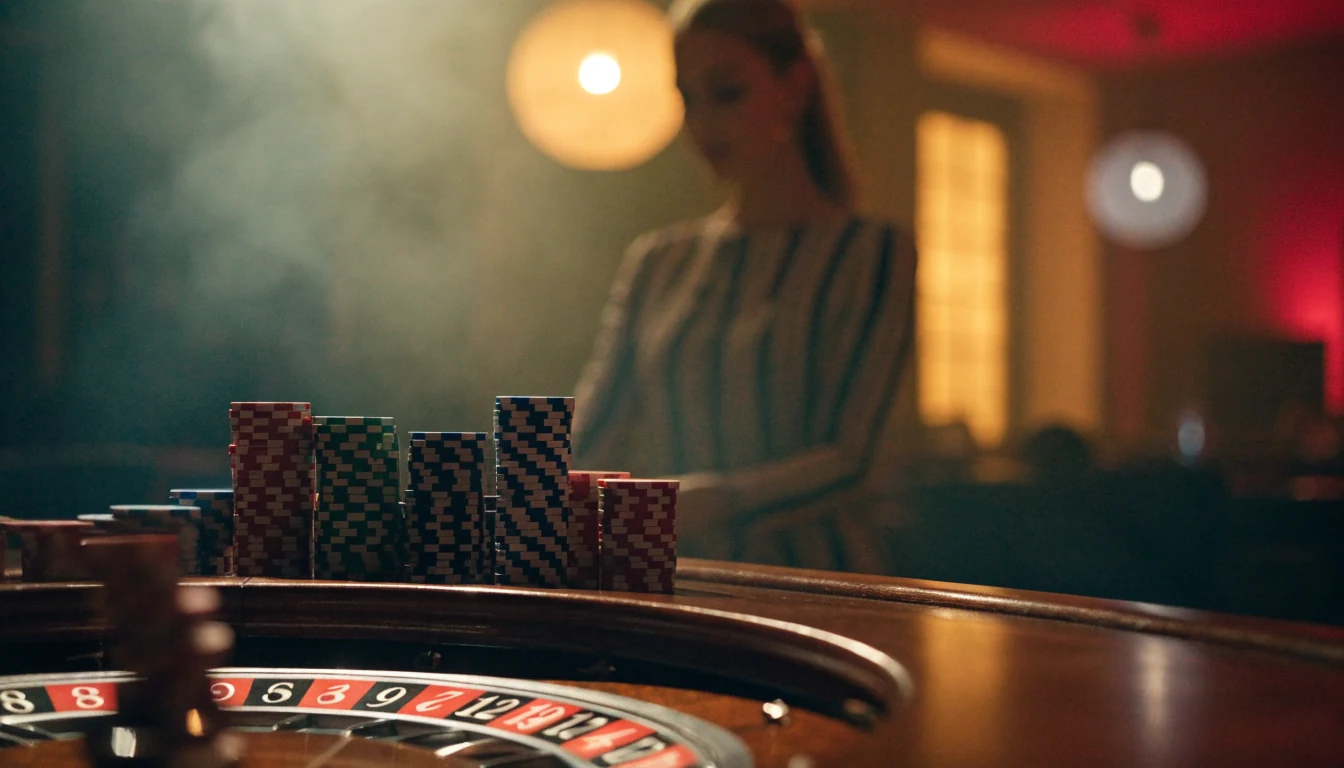 Live casino-bord med roulette och färgglada marker i ett varmt belyst studio