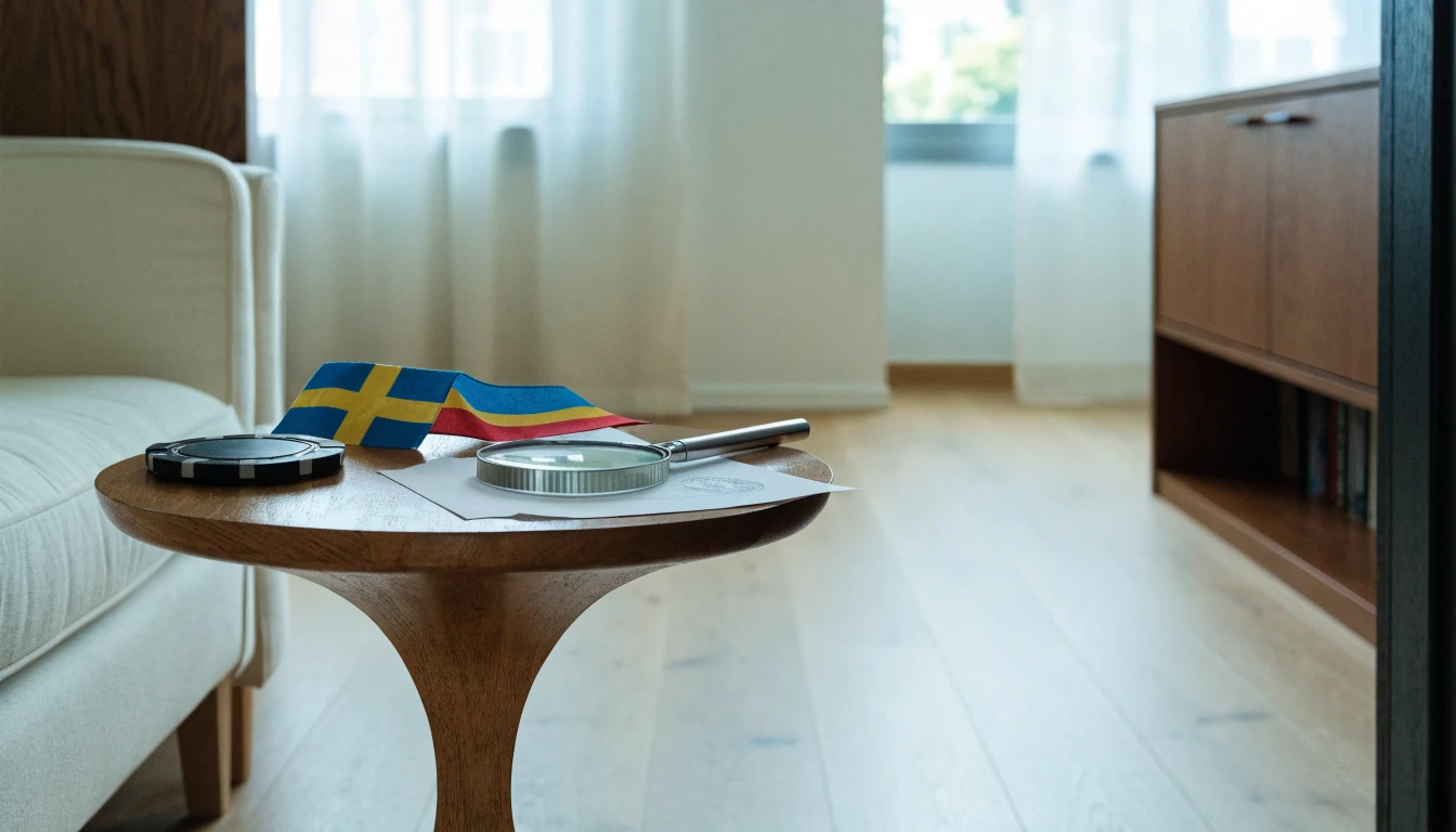 Svensk minimalistisk lounge med casinotema och tillsynsdetaljer