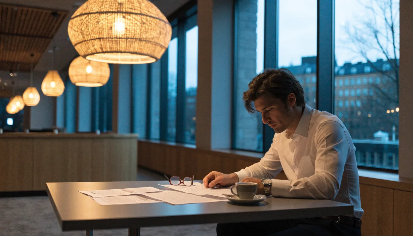 Skandinavisk casinolounge där en person noggrant granskar dokument