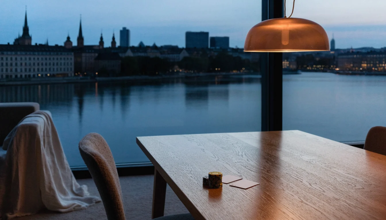 Skandinavisk inredning med casinoföremål och Stockholms skyline genom fönstret i skymning.