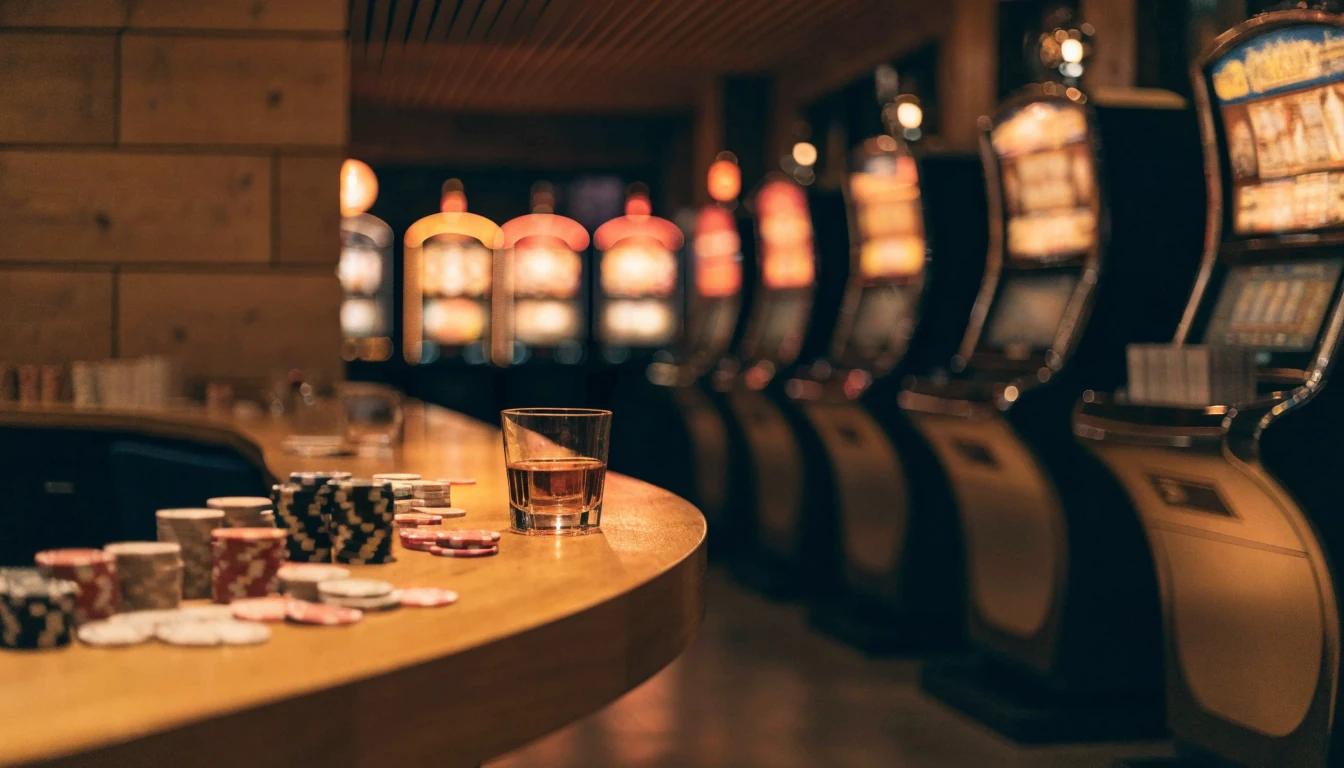 Stämningsfull bild av en modern svensk casinosal med varma färger och spelautomater