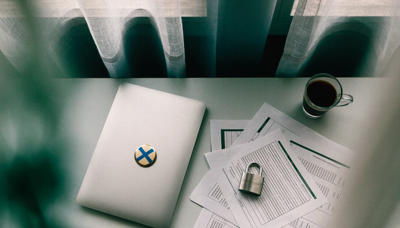 Stängt laptop med hänglås på skrivbordet, symboliserar integritet och dataskydd