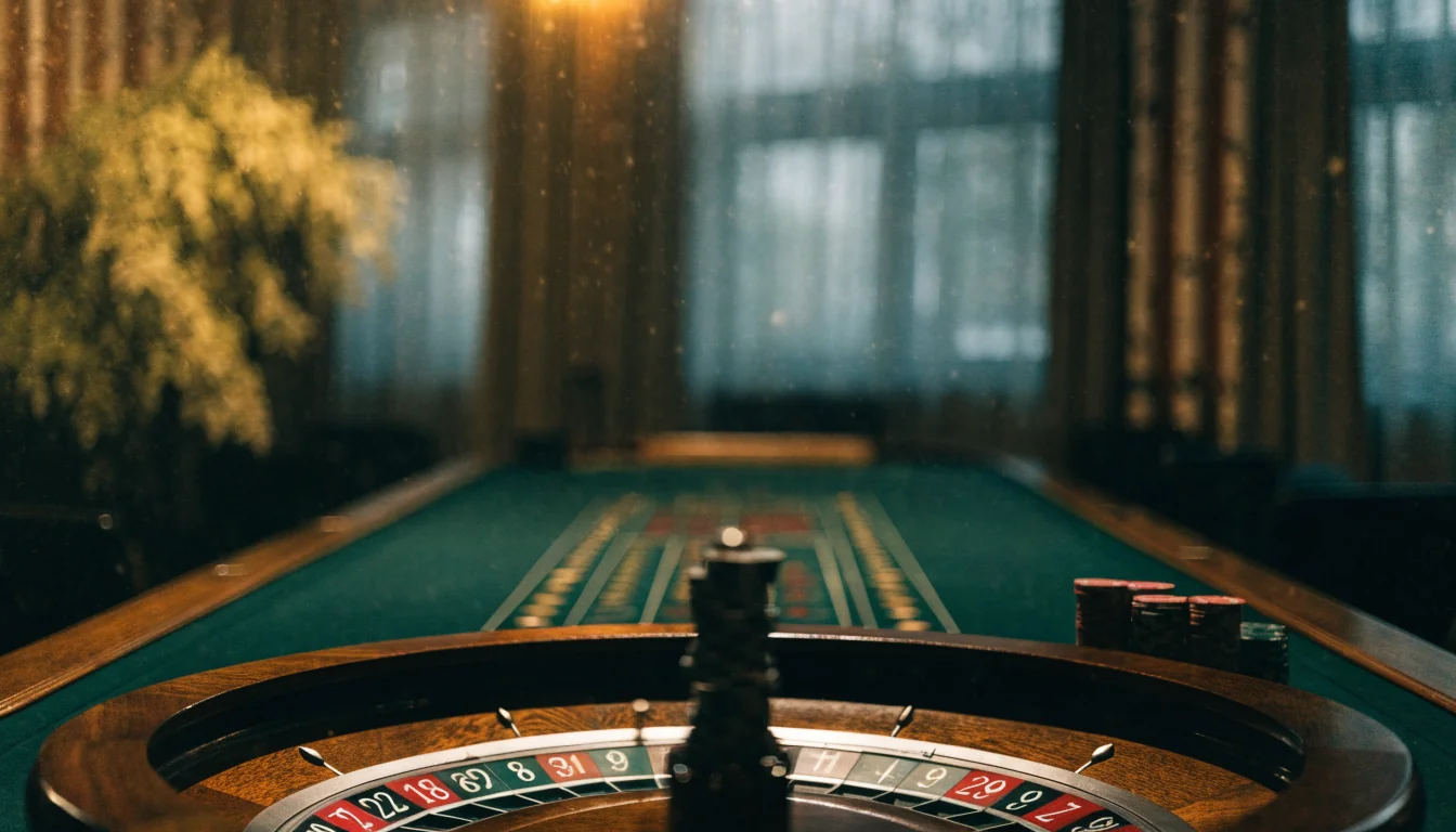 Elegant roulettebord med hjul och marker i en stilren casinomiljö