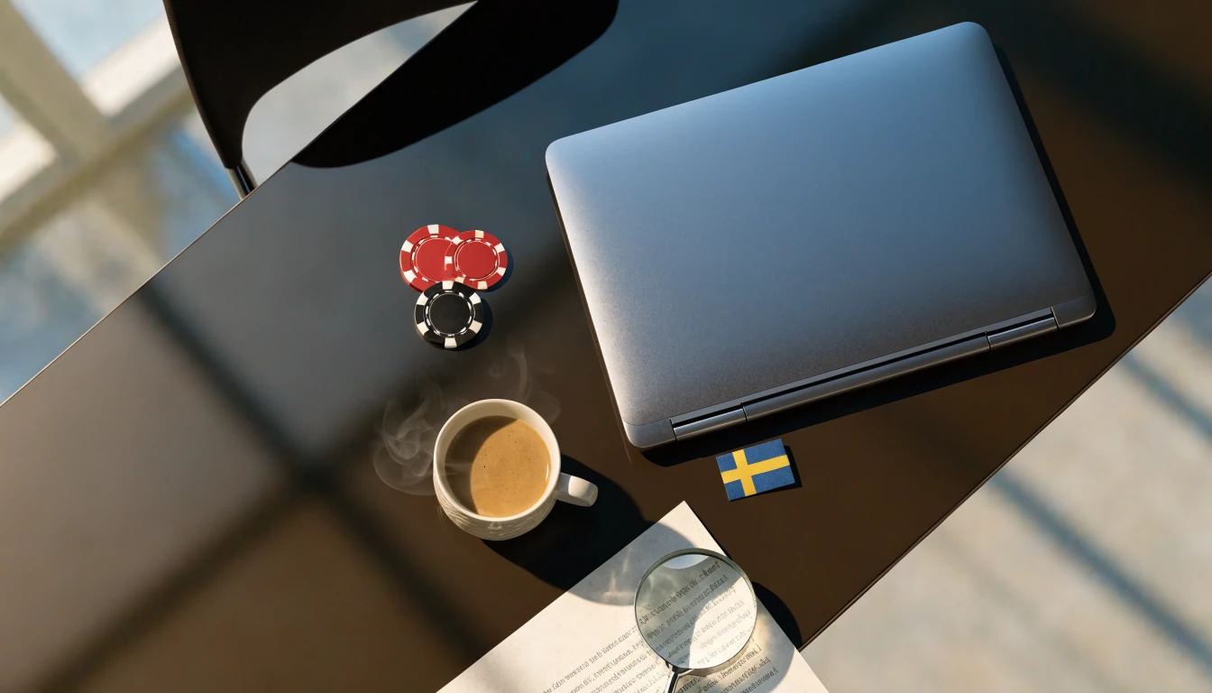 Skrivbord med casinofigurer, stängd laptop och svensk flagga