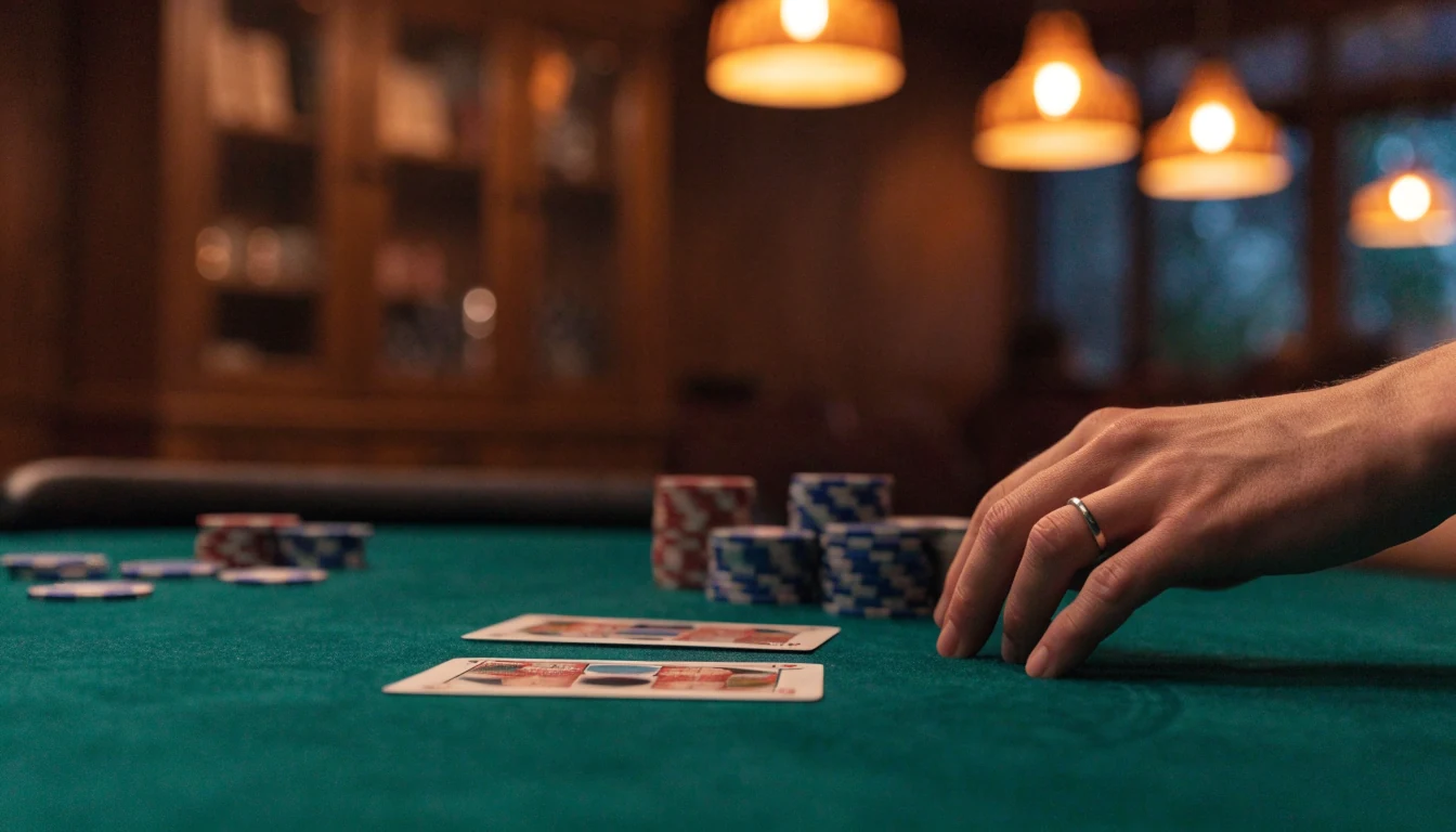 Närbild av ett blackjackbord med marker och kort i en svensk casinomiljö