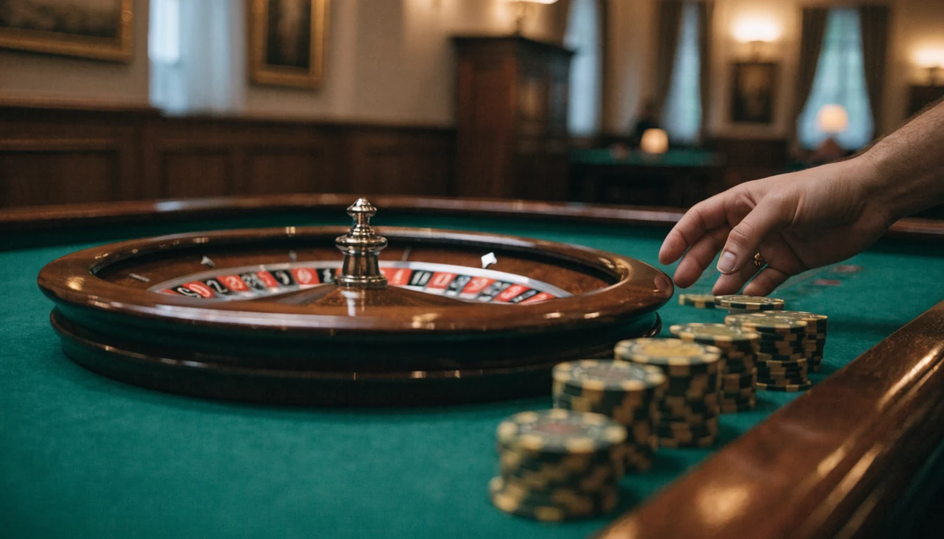 Elegant roulettebord med hjul och marker på ett svenskt casino