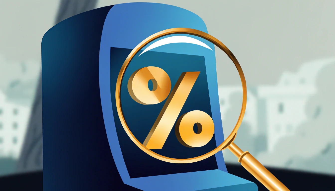 Stiliserad spelautomat med förstoringsglas över procentsymbol