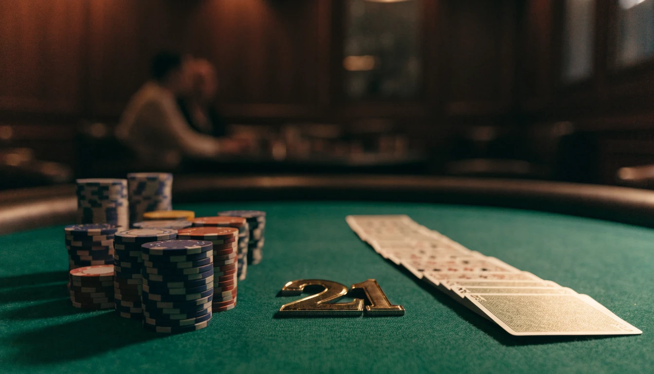 Ett blackjackbord med marker och kort på grönt filtunderlag i en svensk casinoateljé