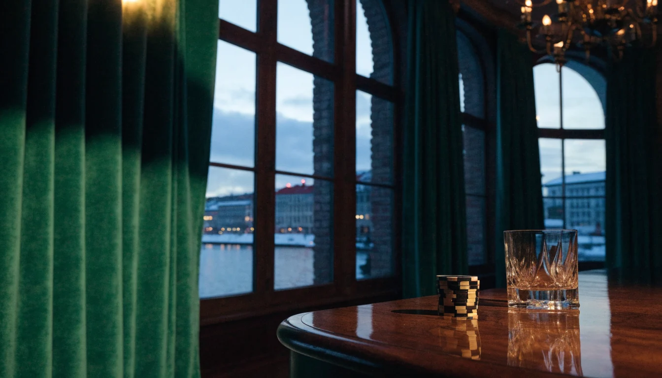 Exklusiv casinolounge i Stockholm med marker och whiskyglas